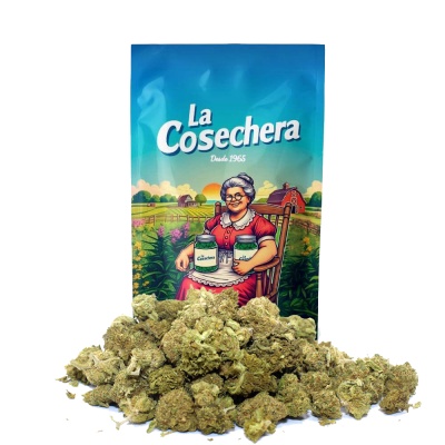 Pacote azul La Cosechera com ilustração de senhora e flores secas amarelo-esverdeadas