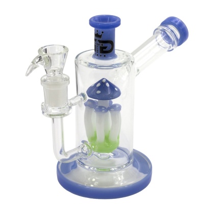 Bong de vidro com decoração de cogumelos e detalhes azuis