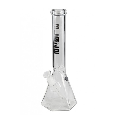 Bong de vidro transparente com base octogonal e texto preto