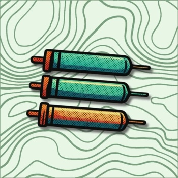 Três rolos de massa coloridos sobre fundo com linhas curvas