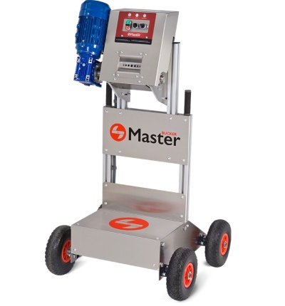 Máquina industrial móvel metálica com motor azul e painel de controlo