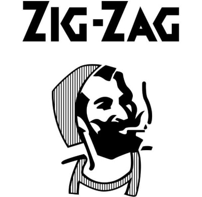 Logotipo preto e branco de homem a fumar com texto ZIG-ZAG
