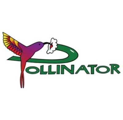 Logótipo de beija-flor colorido com texto POLLINATOR