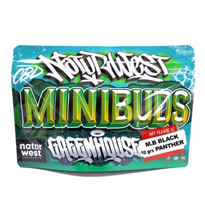 Embalagem de produto CBD Naturwest Minibuds Greenhouse M.B Black 10 grs Panther com design urbano