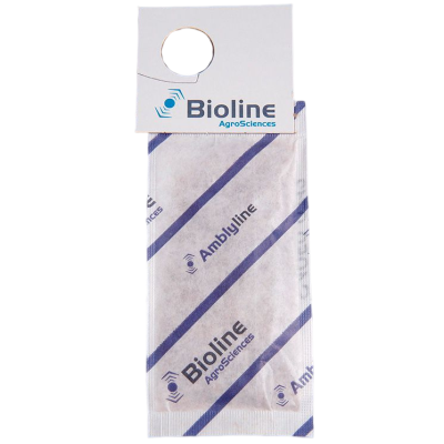 Pacote Bioline AgroSciences branco com texto e padrão azul