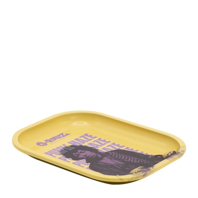 Tabuleiro amarelo com imagem roxa de Jimi Hendrix e texto G-ROLLZ PROTECT YOUR GRIND