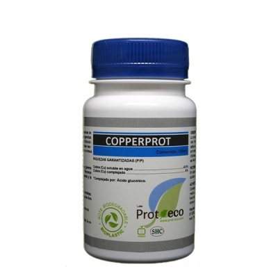 Frasco branco com tampa azul da Protseco, rótulo COPPERPROT com informações do produto.