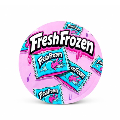 Embalagem redonda cor-de-rosa com texto Fresh Frozen e ilustrações de pacotes azuis.