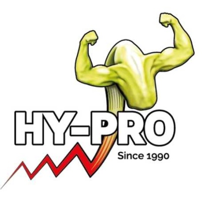 Logotipo HY-PRO com figura amarela muscular e linha vermelha a subir.