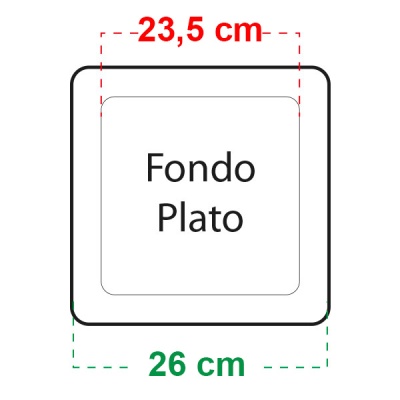Prato fundo quadrado branco com texto Fondo Plato e dimensões 23,5 cm e 26 cm.