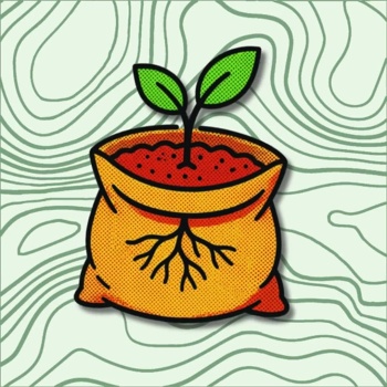 Ilustração de planta verde num saco de terra castanho com fundo de linhas de relevo