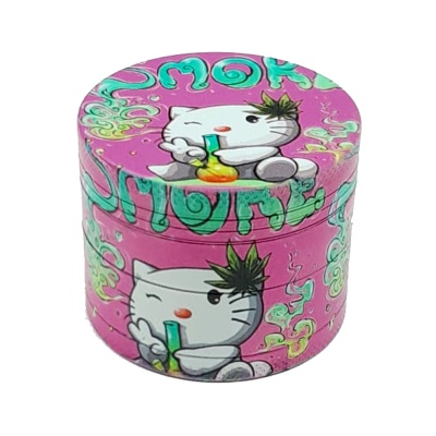 Pote cilíndrico rosa com gato branco segurando bong e folha verde na cabeça