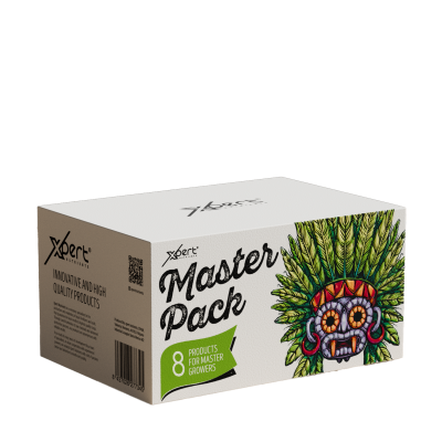 Caixa branca com ilustração tribal colorida e texto do produto Master Pack da Xpert Nutrients