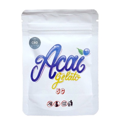 embalagem branca com texto Acai gelato 5G e selo CBD 100% USE