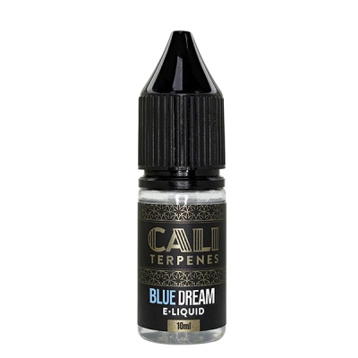 Frasco pequeno com tampa preta e rótulo preto e dourado com texto CALI TERPENES BLUE DREAM E-LIQUID 10ml