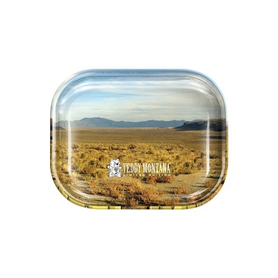 Tabuleiro retangular metálico com imagem de deserto e texto TEDDY MONTANA.