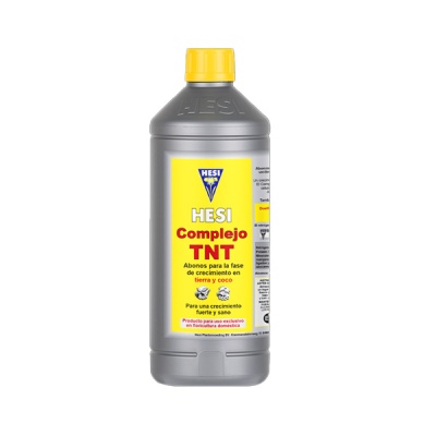 Frasco cinzento com tampa amarela e rótulo amarelo do produto HESI Complejo TNT para fertilização