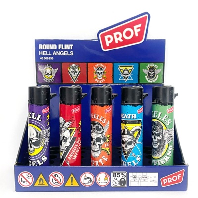 Conjunto de cinco isqueiros PROF coloridos com design de caveiras e texto HELL ANGELS, expostos em caixa azul