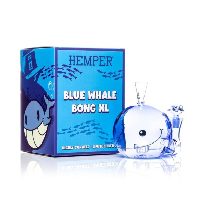 Bong azul XL em forma de baleia com caixa azul ao lado