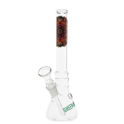 Bong de vidro transparente com padrão colorido mandala e texto GREENO