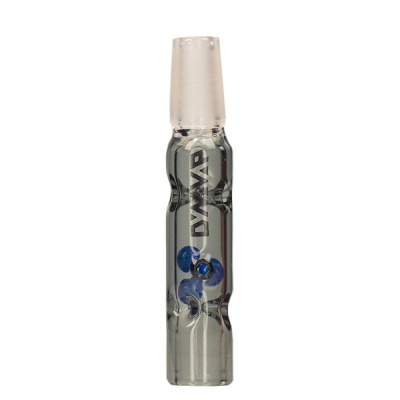 Piteira de vidro transparente com detalhe azul e texto DYNAVAP