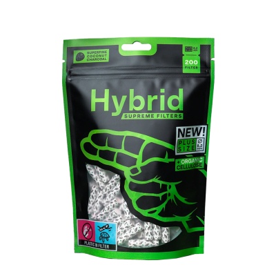 Embalagem de filtros Hybrid Supreme Filters preta e verde com texto e imagem de filtro branco visível.
