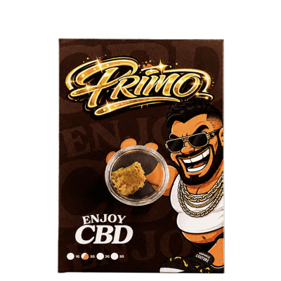 Embalagem de produto CBD com personagem cartoon e texto PRIMO.