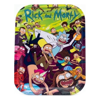 Prato de festa retangular com personagens da série Rick and Morty em fundo espacial