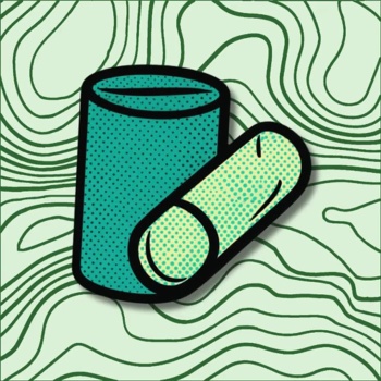 Ilustração de rolo de fita adesiva azul e pedaço de fita destacada num fundo com linhas onduladas verdes