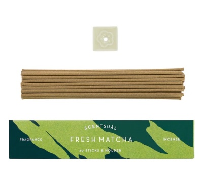 Conjunto de incenso Fresh Matcha com 30 varetas, suporte branco e embalagem verde