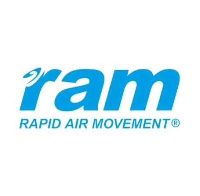 Logótipo azul RAM RAPID AIR MOVEMENT® em fundo branco