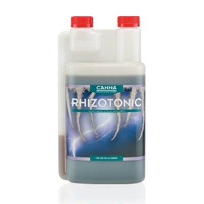 Frasco plástico branco com rótulo CANNA RHIZOTONIC e tampas vermelhas.
