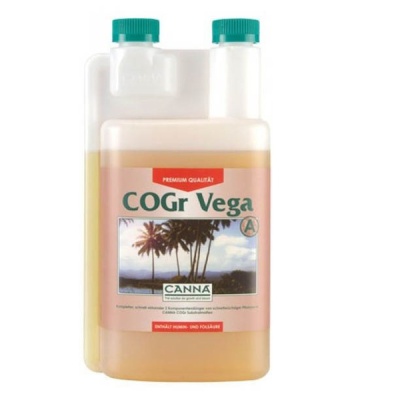 Frasco de líquido COGr Vega com rótulo rosa e verde e imagem de palmeiras