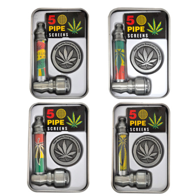 Conjunto para fumar com cachimbo metálico e embalagem preta com texto e folha de cannabis