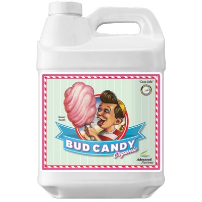 Recipiente plástico branco com rótulo colorido de produto Bud Candy Organic