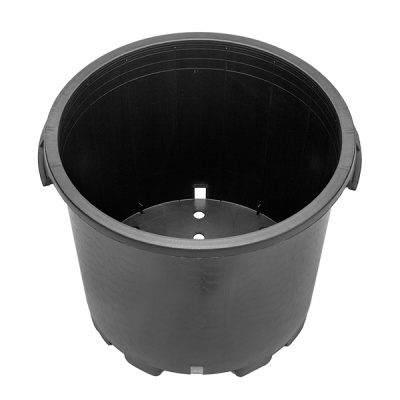 Vaso de plástico preto redondo com orifícios no fundo