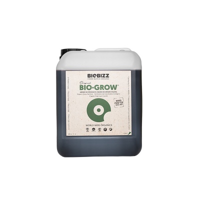 Bidão preto com rótulo branco de fertilizante orgânico BIO-BIZZ BIO-GROW