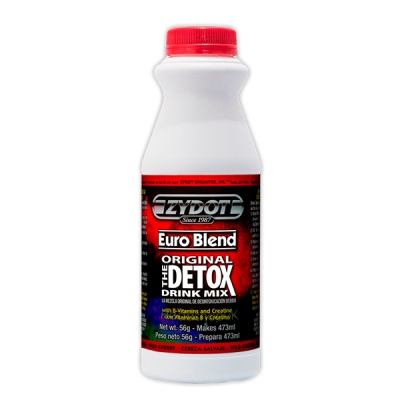 Frasco branco com tampa vermelha e rótulo preto e vermelho de bebida detox em pó.