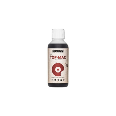 Frasco BIOBIZZ TOP-MAX com rótulo bege e símbolo vermelho circular
