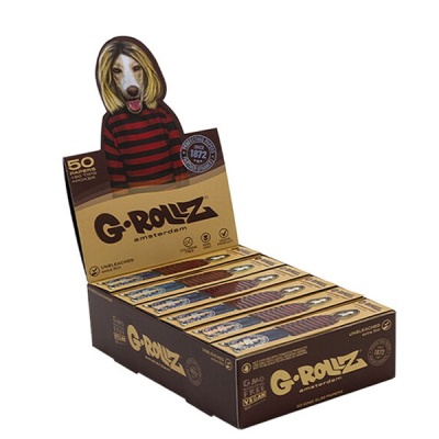 Expositor de papel para enrolar G-Rollz Amsterdam com embalagem castanha e desenho de cão vestido