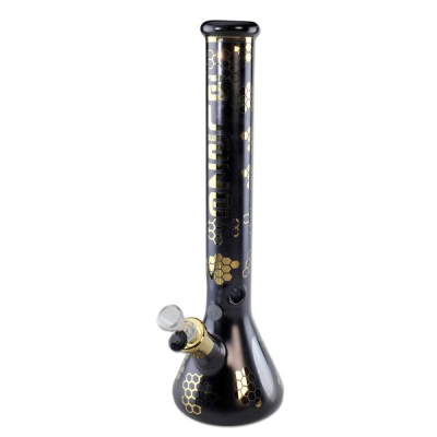 Bong de vidro preto com padrão hexagonal dourado e texto LUNO.