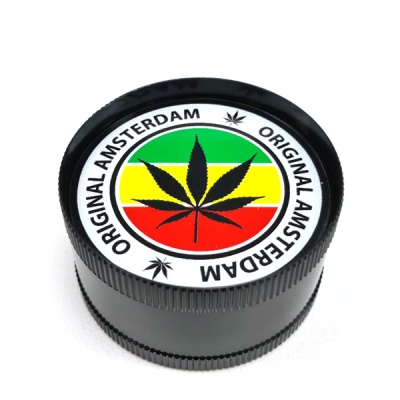 Moinho preto com tampa decorada com folha de cannabis e texto Original Amsterdam