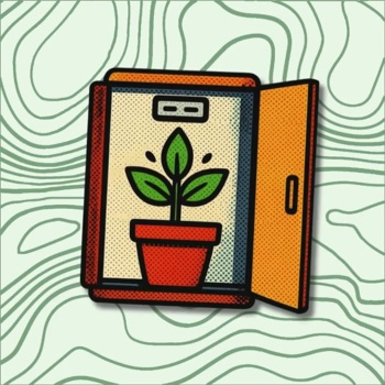 Animação de planta verde numa jarra dentro de uma estufa com porta aberta