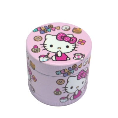 Pote redondo rosa com ilustração da Hello Kitty e doces