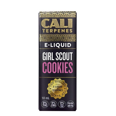 Embalação preta de e-líquido CALI TERPENES GIRL SCOUT COOKIES com texto dourado, branco e rosa.
