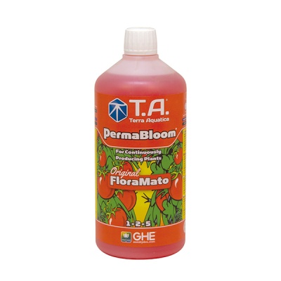 frasco plástico vermelho de fertilizante líquido com rótulo laranja e tomates desenhados