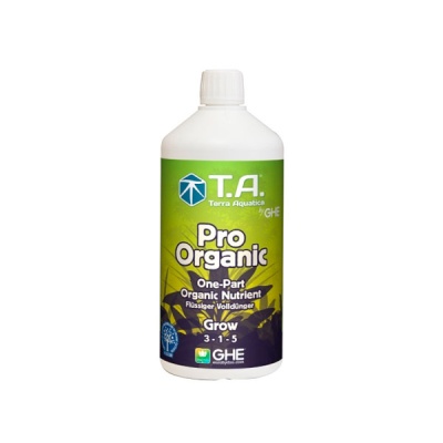 Frasco de produto líquido Pro Organic da T.A. Terra Aquatica com rótulo verde e roxo
