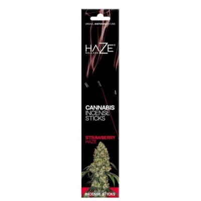 Embalagem preta de sticks de incenso de cannabis Strawberry Haze com texto branco e vermelho e imagem de flor de cannabis