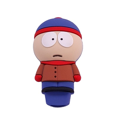 Pen drive formato personagem com gorro azul, casaco castanho e luvas vermelhas