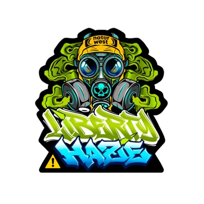 Máscara de gás com chapéu amarelo e texto LIBERTY HAZE em estilo grafite
